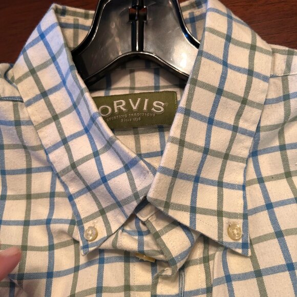 Orvis Mens Long Sleeve Button Down sz L off whirw/blue/green sz L - Picture 6 of 6